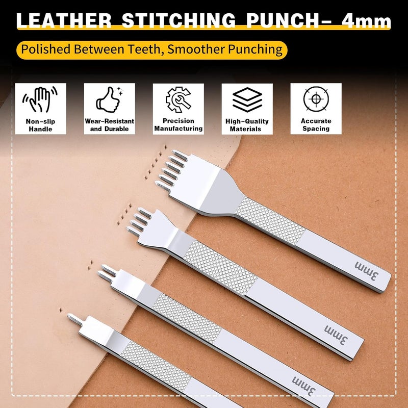 MORFEN Leather Stitching Punch Hole Punch Tool Set, 3mm 1/2/4/6 Prong Punch Chisel, Round Hole Punch for Belt, Watch Band, Leather Strap DIY Crafts - Image 3